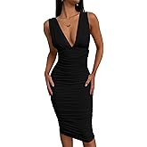 BEAGIMEG Women's Sexy Elegant Sleeveless Deep V Ruched Thick Straps Low Back Cocktail Evening Party Midi Dress