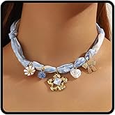 Blue Scarf Necklace for Women Trendy Scarf Bow Flower Pearl Daisy Charm Necklace Adjustable Blue Silk Scarf Collar Choker Bohemian Party Daily Jewelry Accessories Gifts for Her