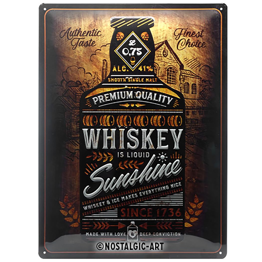 Nostalgic-Art Retro Tin Sign – Open Bar – Whiskey Sunshine – Gift idea for liquor fans, Metal Plaque, Vintage design for wall decoration, 30 x 40 cm