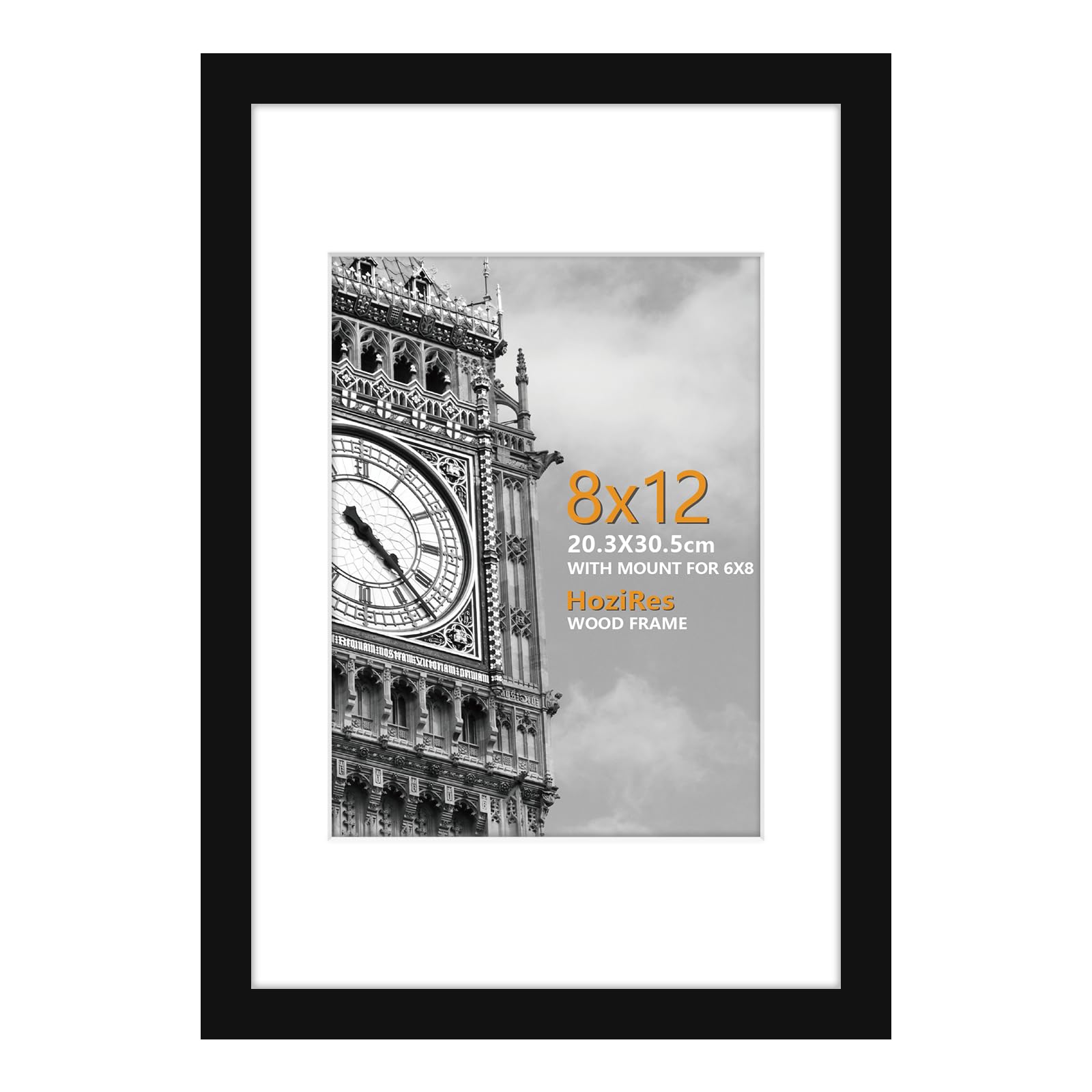 HoziRes 8 x 12 inch Picture Frame, 100% Solid Wood Black Photo Frames with Plexiglass Front for Tabletop and Wall Mounting, Poster Frames with Mat for 6 x 8 inch Printing
