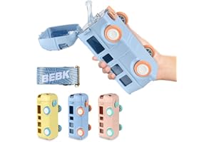 BEBK&KT 16 oz Kids Water Bottle, Toddler Water Bottle with Straw, BPA Free & Leak Proof Kids Cups, Toddler Toys Bus Water Bottle with Shoulder Strap for School and 3-5 (Blue Bus)