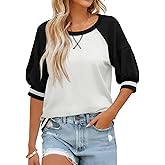 Fisoew Womens Crewneck Sweatshirt Ribbed Raglan Half Sleeve Pullover Tops Color Block Loose Fit Sweatshirts