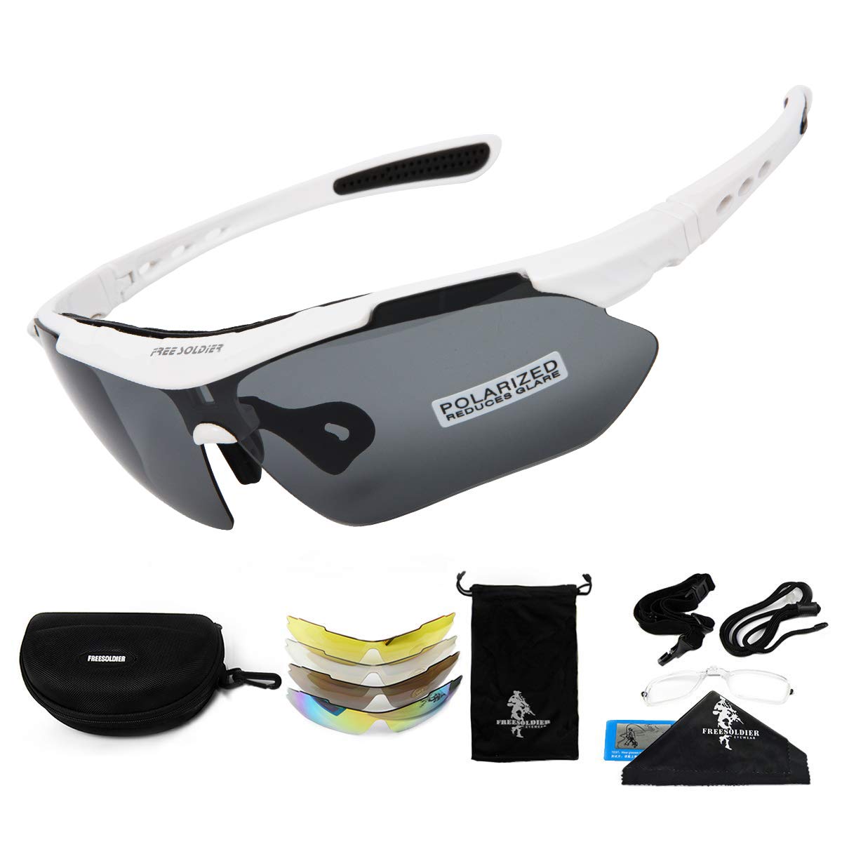 FREE SOLDIER Sports Sunglasses 5 in 1 Polarized Cycling Glasses for Men Women Tactical Military Glasses for Cycling Running Driving UV 400 Protection Golf Sunglasses,White โ image 1