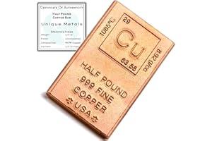 Half Pound Copper Bar Bullion Paperweight - 999 Pure Chemistry Element Design with Certificate of Authenticity by Unique Meta
