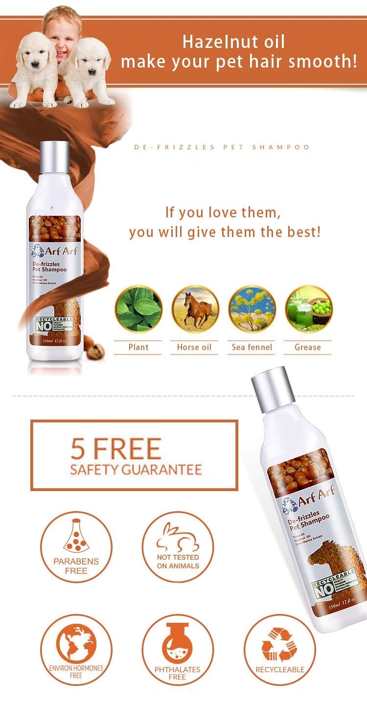 Arf Arf De-frizzles Pet Shampoo (For All Dogs & Cats) -Horse Oil, Hazelnut Oil, Criste Marine Extract, 13 Oz