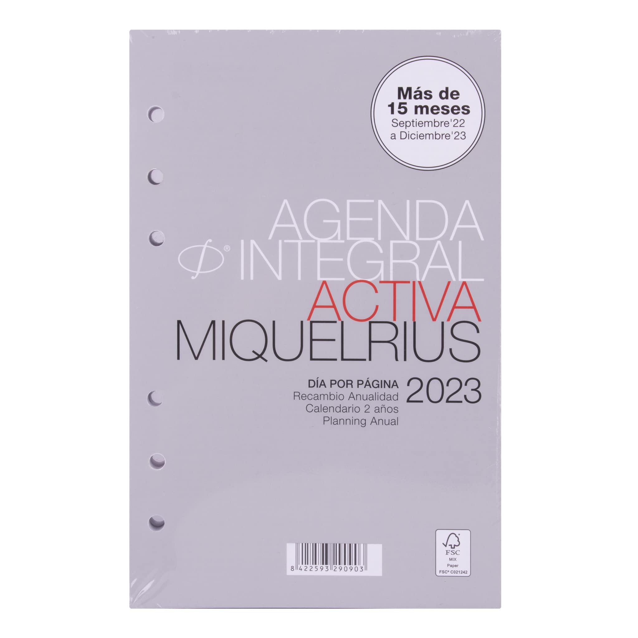 Miquelrius - Replacement planner rings 16 months (September 2022 December 2023) – Day per page – Active size 117 x 182 mm (approx. A6) – Spanish