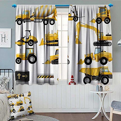 Anniutwo Boys Blackout Window Curtain Yellow Colored Construction Site Machinery and Signs Lined up for Display Customized Curtains 55" W x 63" L Earth Yellow Black Red