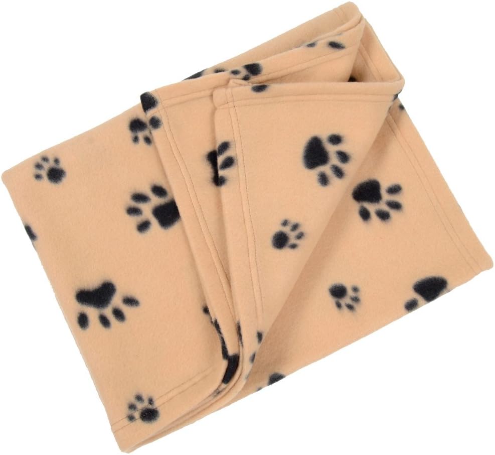 Small Soft Fleece Car Dog Cat Pet Blanket 80 x 120cm - Tan With Black Paw Print