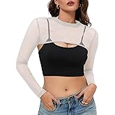 spxidacx Women Mesh Crop Tops Long Sleeve Mock Neck Sheer Bolero Slim Fit See Through Sexy Tee Shirt Clubwear