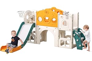 CuFun 8 in 1 Toddler Slide, Outdoor Indoor Playset for Kids Baby Age 1-3, Childs Climber Slide with Storage Space and Non-Slip Steps, Basketball Hoopa and Telescope, Yellow & Green