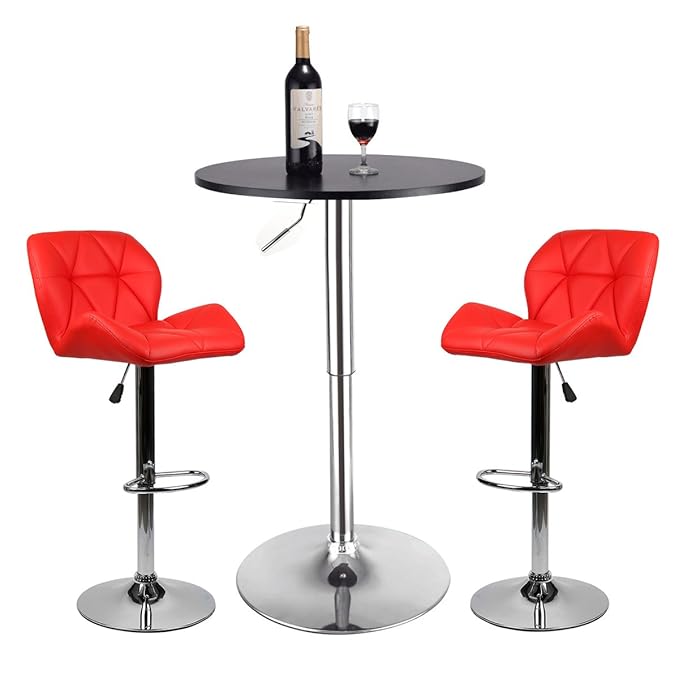 Bar Table Set of 3 Adjustable Round Table and 2 Swivel Pub Stools for