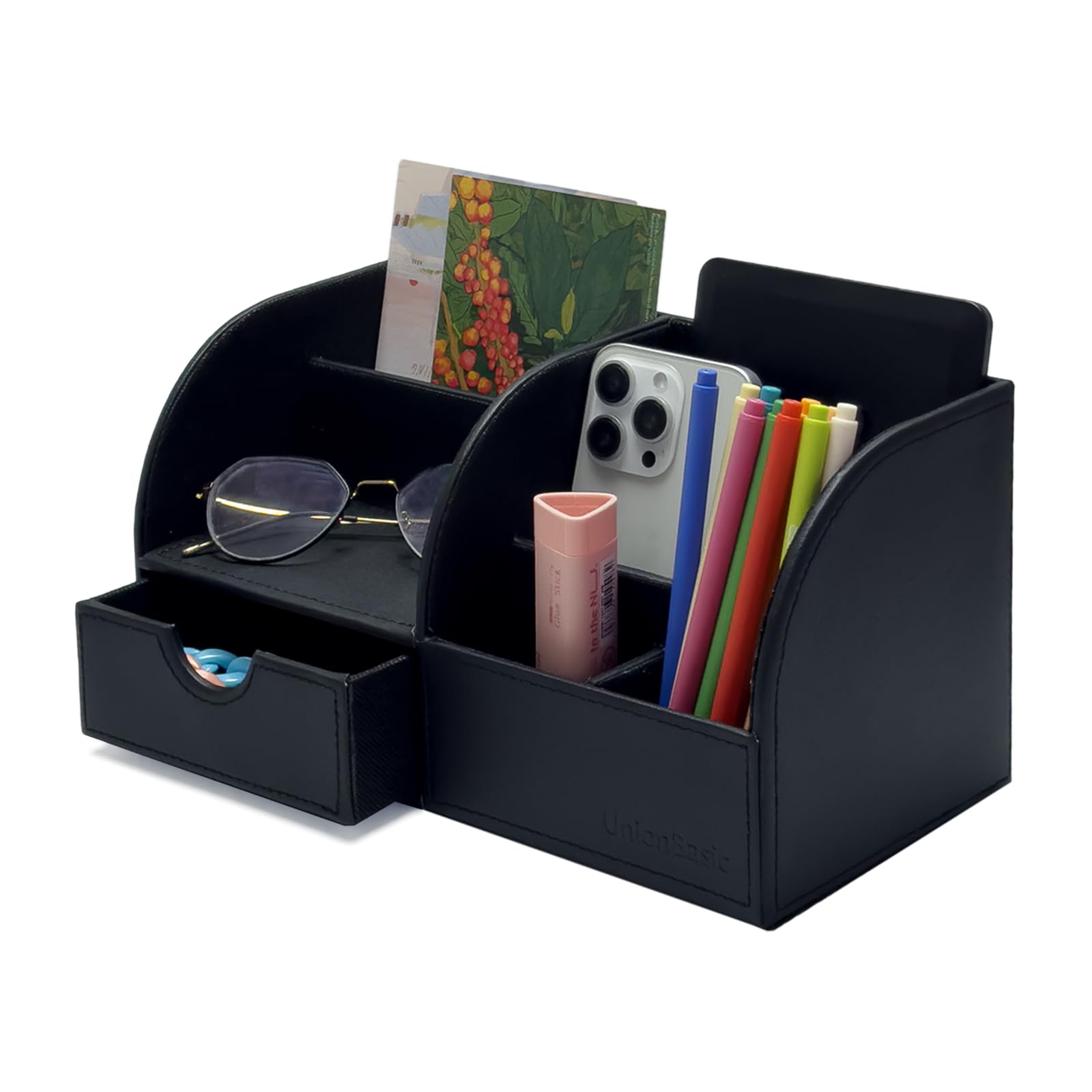 UnionBasic Desk Organizer - Multifunctional Leather Desktop Pen Holder Storage Box - Business Card/Pen/Pencil/Mobile Phone/Stationery Holder (Black)