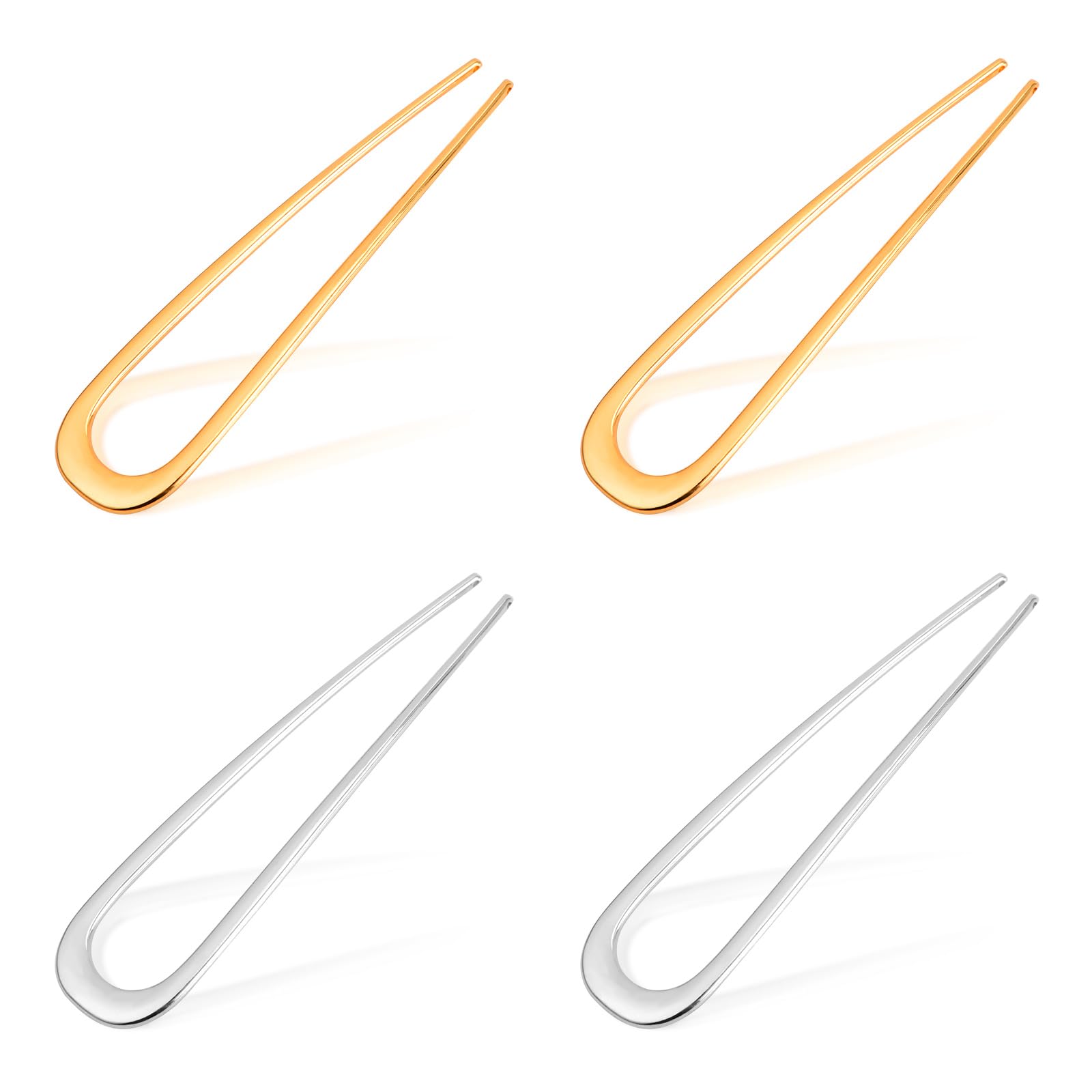 4pcs French Style U Shaped Hair Pins, Metal Hair Fork Hair Sticks Clip for Thick Long Hair French Twist Hair Pin Updo Chignon Pins for Women Girls Hair Styling Accessories (2 Gold & 2 Silver)