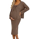 Sweetyweee Maternity Dress Set 2 Piece Ribbed Sleeveless Dress with Bell Sleeves Cardigan for Baby Shower Photoshoot Wedding