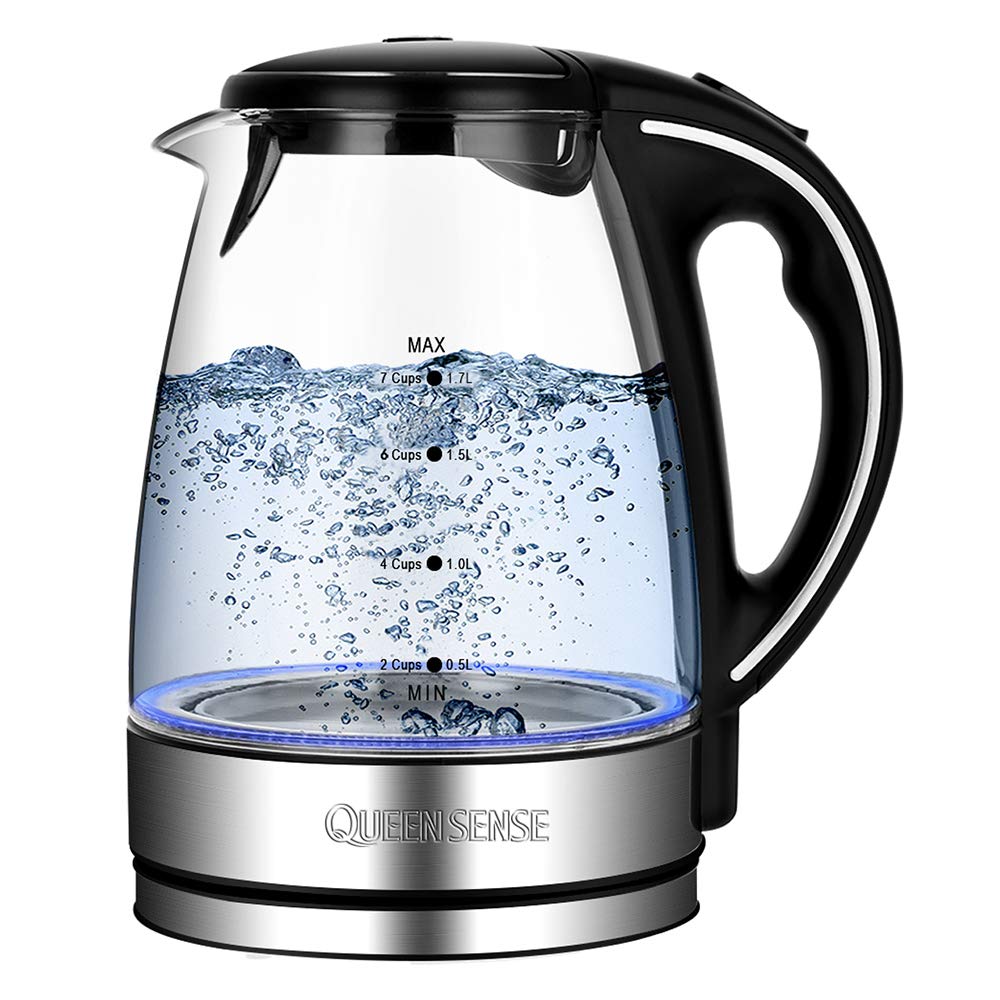 voir Queen Sense Bouilloire électrique en verre avec LED sur Amazon