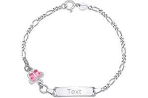 UNICORNJ 925 Italy Sterling Silver Child or Baby Name Bracelet Girls Boys, Personalized Engraved Kids ID Bracelets, 6.5" Figaro Chain, Enamel Charm Newborn Infant Toddler Kid Jewelry