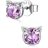 ChicSilver Cute Cat Earrings for Women - Hypoallergenic Sterling Silver Round Birthstone Cat Stud Earrings with Gift Box