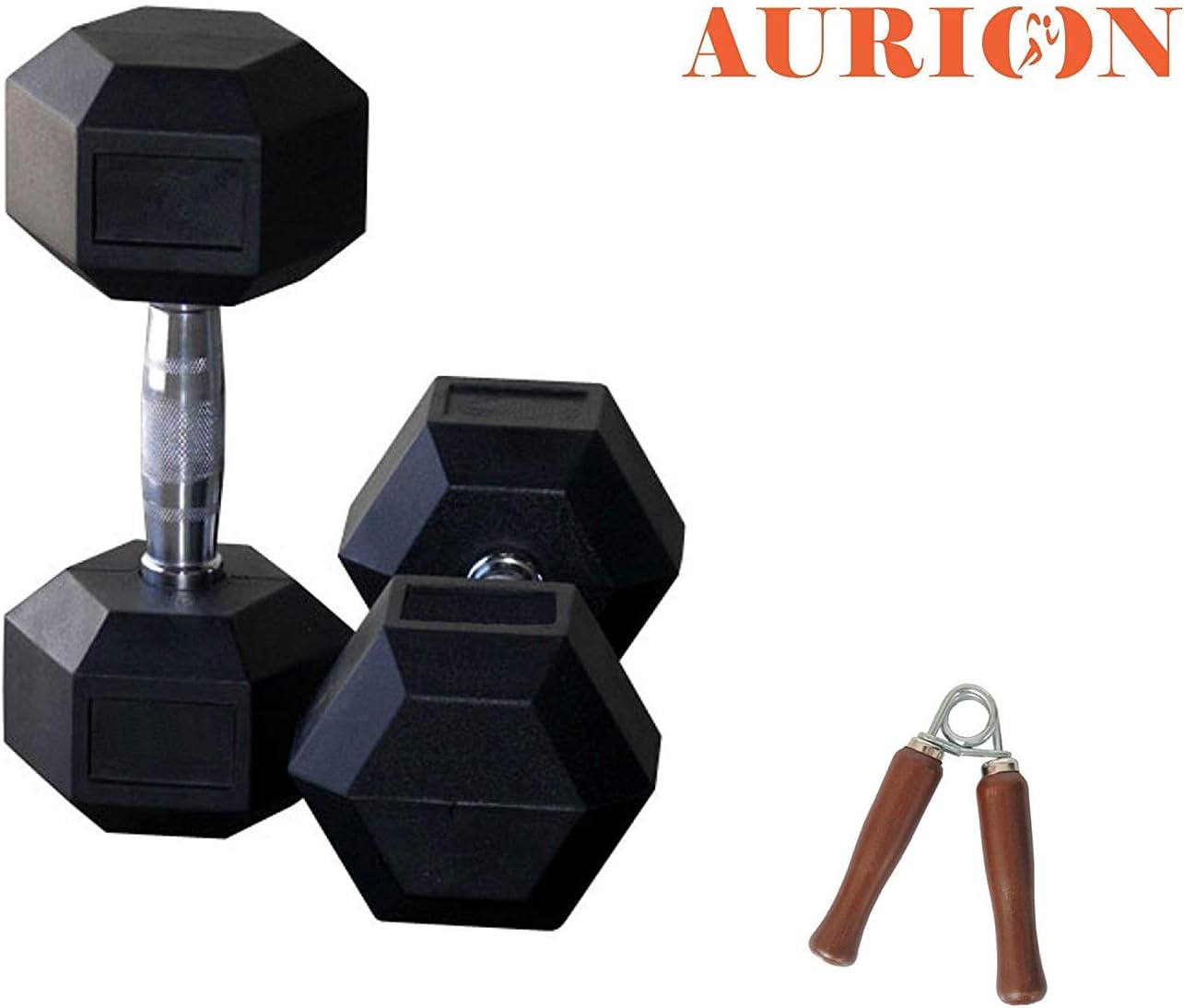 Aurion Rubber Hexa Hex Dumbbells (Pair) Weight Set Solid Dumbbell with Wooden Hand Grip