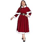 ABALAGU Mrs Claus Costume for Women 3PCS Deluxe Velvet Adult Miss Santa Dress Plus Size Xmas Outfit Set with Hooded Cape Belt