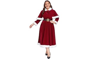 ABALAGU Mrs Claus Costume for Women 3PCS Deluxe Velvet Adult Miss Santa Dress Plus Size Xmas Outfit Set with Hooded Cape Belt