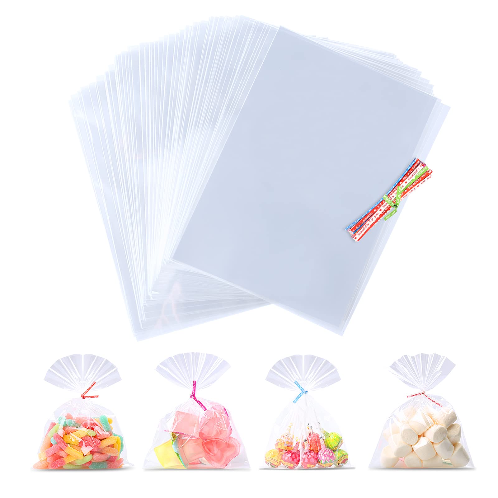 100PCS Clear Cellophane Treat Bags 20 x 15 cm, TOOELMON Sweet Party Gift Bags With Twist Ties, Clear Resealable Flat OPP Bags for Candy, Soap, Cookie, Chocolates, Birthday, Wedding