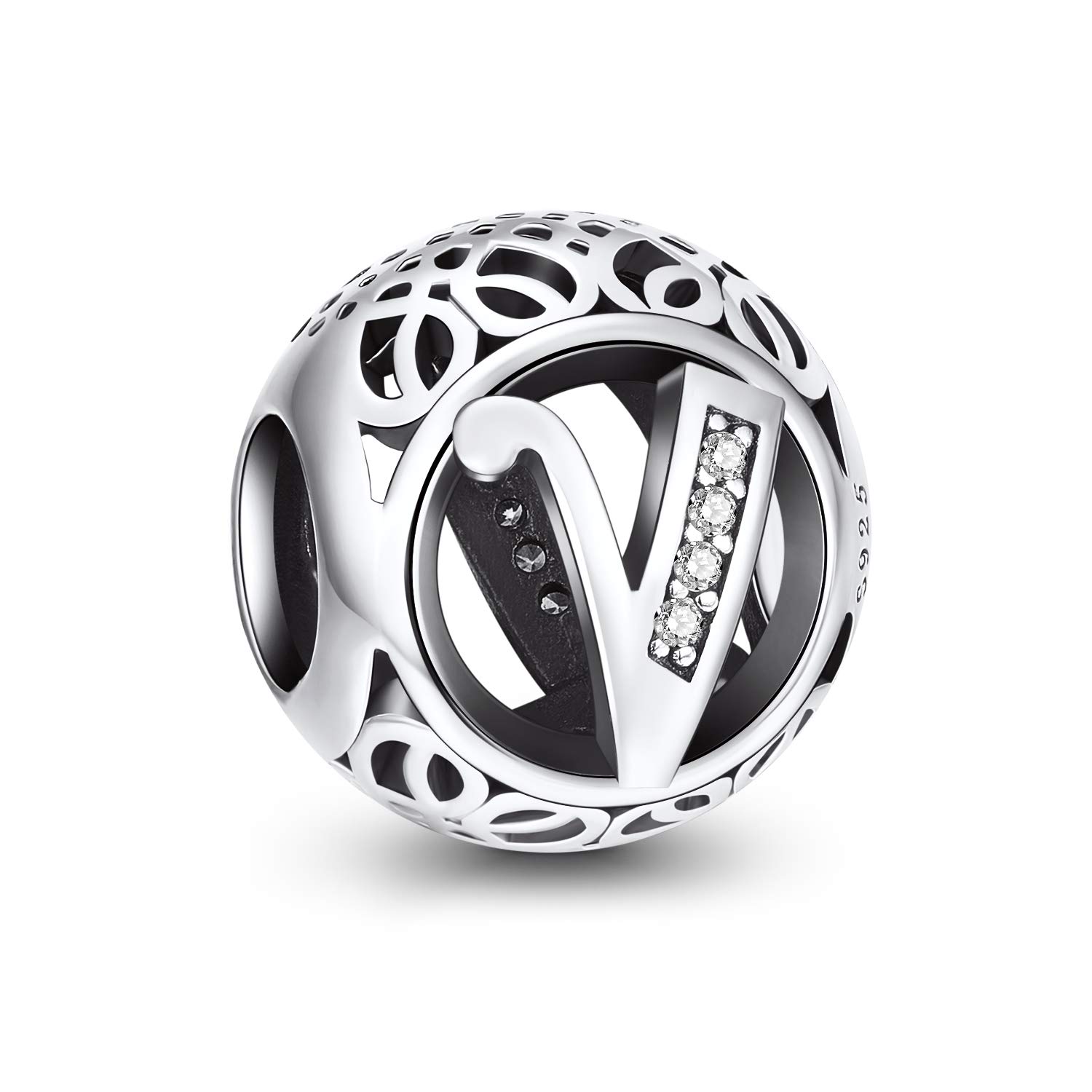 NINGAN Letter Alphabet Charm 925 Sterling Silver Charms Fits European Bracelets Compatible (V)