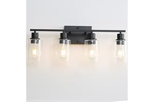 FILIMITIY Bathroom Vanity Light Fixtures, 4-Light Matte Black Bathroom Lights, Wall Sconces with Clear Glass Shade for Hallway Farmhouse Bedroom Living Room