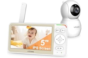 VTimes 5'' Screen Video Baby Monitor with Camera and Audio, 32-Hour Battery, Baby Monitor No WiFi Remote Pan-Tilt-Zoom VOX, Two-Way Talk Night Vision Temperature Display Alarm 8 Lullabies and 1000ft