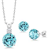 Gem Stone King 925 Sterling Silver Swiss Blue Topaz and White Moissanite Pendant and Earrings Jewelry Set For Women (13.84 Cttw, Round 10MM, Gemstone Birthstone, with 18 Inch Silver Chain)