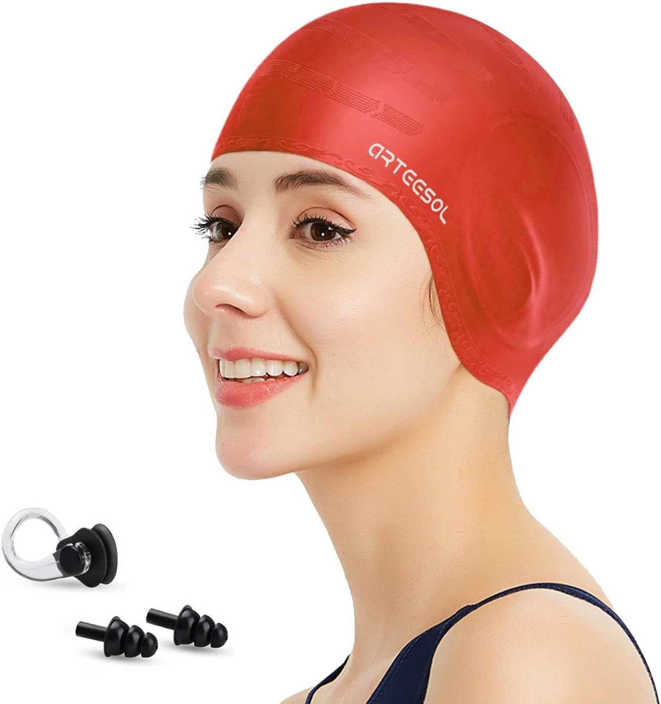 Blackace arteesol Swimming Cap Women Swimming Hat Silicone Swim Cap Swim Hat Waterproof Cap, 3D Ear Ergonomic Design, Anti-Slip Long Hair, Swimming Cap for Women