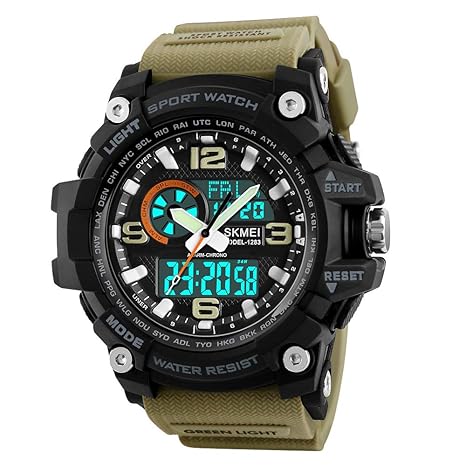 Skmei Military Series Analogue Digital Black Dial Khaki Strap Sports Watch