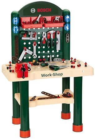 Theo Klein 8461 8461-Bosch Workshop mit extragroßer Arbeitsplatte Holzimitatation und viel Werkzeug, Spielzeug, Grün, Holzfar