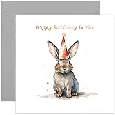 Old English Co. Hoppy Birthday Card for Her - Fun Rabbit Bunny Party Hat Birthday Card for Mum, Dad, Daughter, Son - Gold Foil Birthday Card for Women and Men | Blank Inside with Envelope