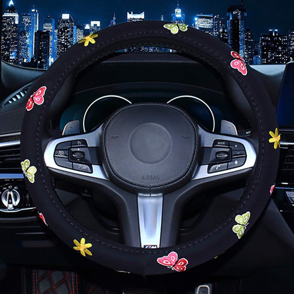 SHIAWASENACute Car Steering Wheel Cover with Embroidery Pattern for Women Girls, Short Flannel, Universal 15 inch (B#)