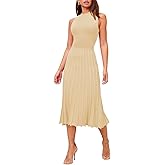Pink Queen Women's Crew Neck Sleeveless High Waisted Bodycon Pleated Ribbed Swing Knit Midi Dresses