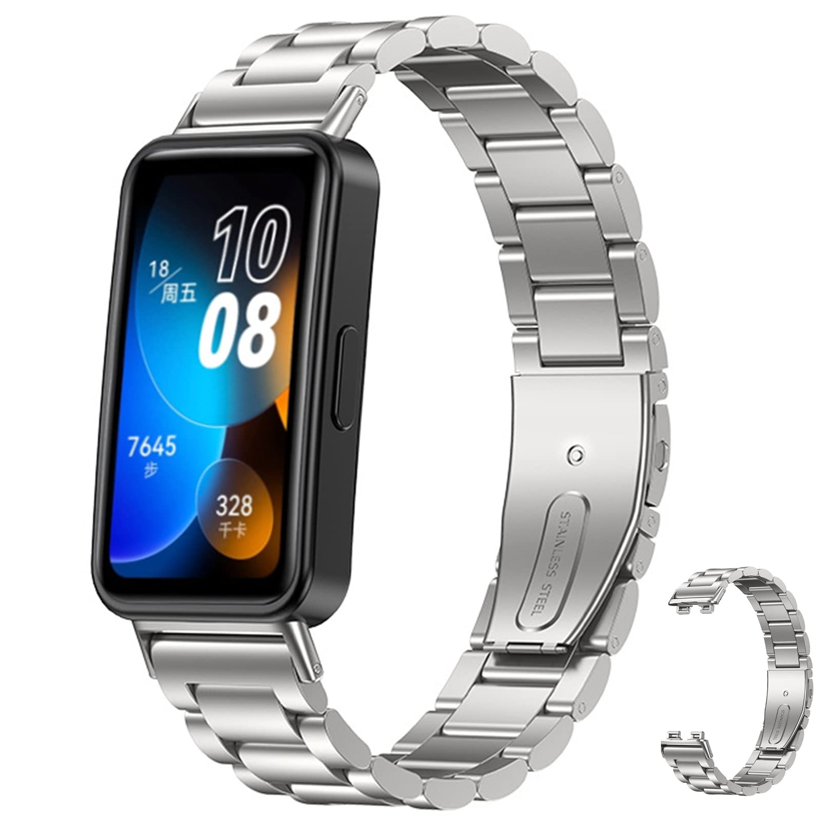 Miimall Metal Strap Compatible with Huawei Band 8, Stainless Steel Replacement Band with Folding Clasp, Adjustable Replacement Bracelet Wristband for Huawei Band 8-Silver