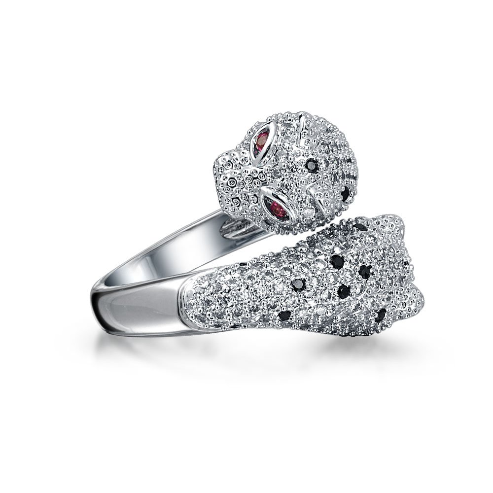 Bling Jewelry Green Eye Black White Cubic Zirconia CZ Fashion Leopard Panther Cat Statement Bypass Ring For Women Silver Plated Brass