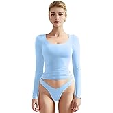 SUUKSESS Women Double Lined Fitted Basic T Shirts Scoop Neck Long Sleeve Crop Top