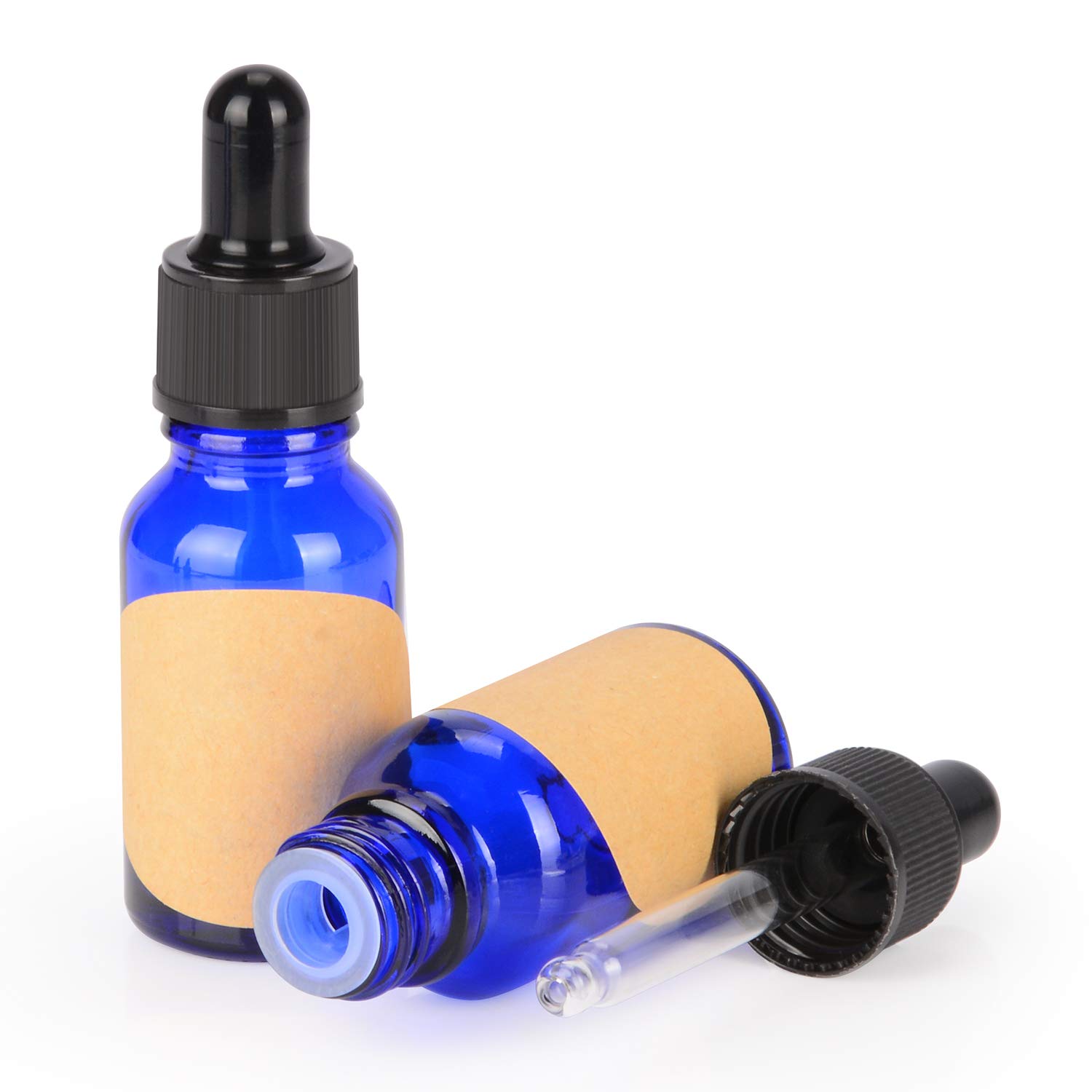 stonylab 15 ml 2-Pack Glass Dropper Bottle, Blue Empty Bottle with Glass Dropper, Inner Plug and Label for Laboratory Solutions