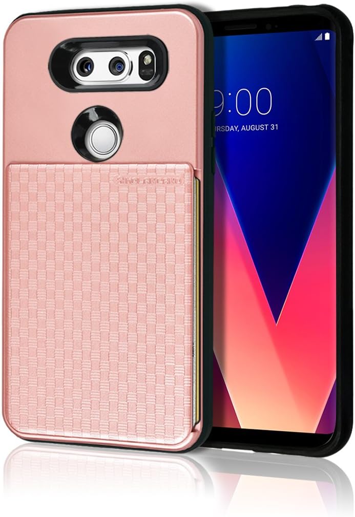 LG V30 Push Hidden Wallet Case [Card Slot] [Heavy Duty] [Slim Fit] [Textured Grip] Dual Layer Hybrid Tough Shield Front Screen Drop Protection Rubber Back Bumper Hard Holder Cover LGV30 (Rose Gold)