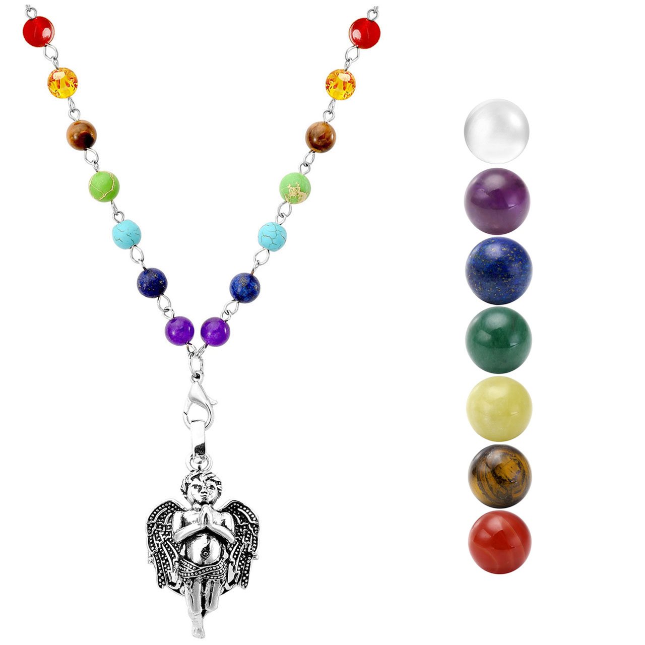 JOVIVI Engelsrufer Anhänger,Hollow Kinder Engel Käfig Locket Anhänger Halskette Ø 16mm Steinkugel mit 7 Chakra Halskette