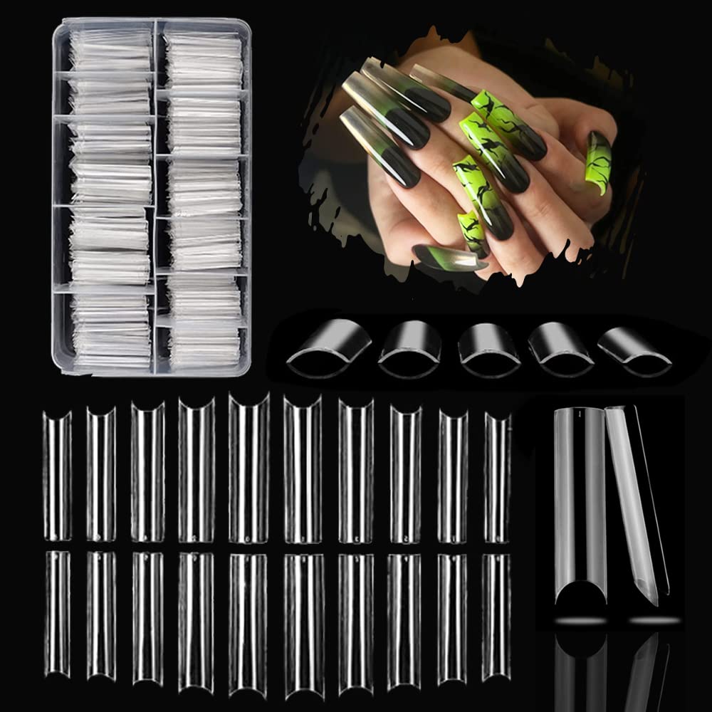 480 Pcs Straight Tapered Square Nail Tips - C Curve, Clear Tips for Acrylic, Long Square Gel Nails - 10 Sizes, Home DIY