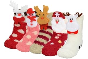 BIQIQI 5 Pairs Fuzzy Christmas Socks for Kids and Women,Winter Slipper Warm Soft Cartoon Cozzy Socks for women, Christmas Gif