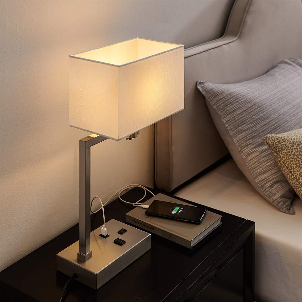 Amazon Com Arpenter Modern Desk Table Lamp With Hotel Style Usb And Ac Power Outlet 19 3 High With White Linen Shade For Nightstand Bedside Bedroom Or Home Office Led Bulb Included Home Improvement
