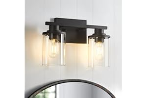 STAMBORD Bathroom Light fixtures, 2 Light Matte Black Bathroom Vanity Light, Vanity Lights with Metal Base and Clear Glass Shade, Wall Sconces Lighting for Bathroom, Mirror, Bedroom, Living Room, Hallway