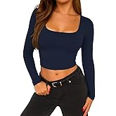 ForeFair Womens Square Neck Long Sleeve Crop Top Basic Going Out Top Tight Shirts Double Lined Tee