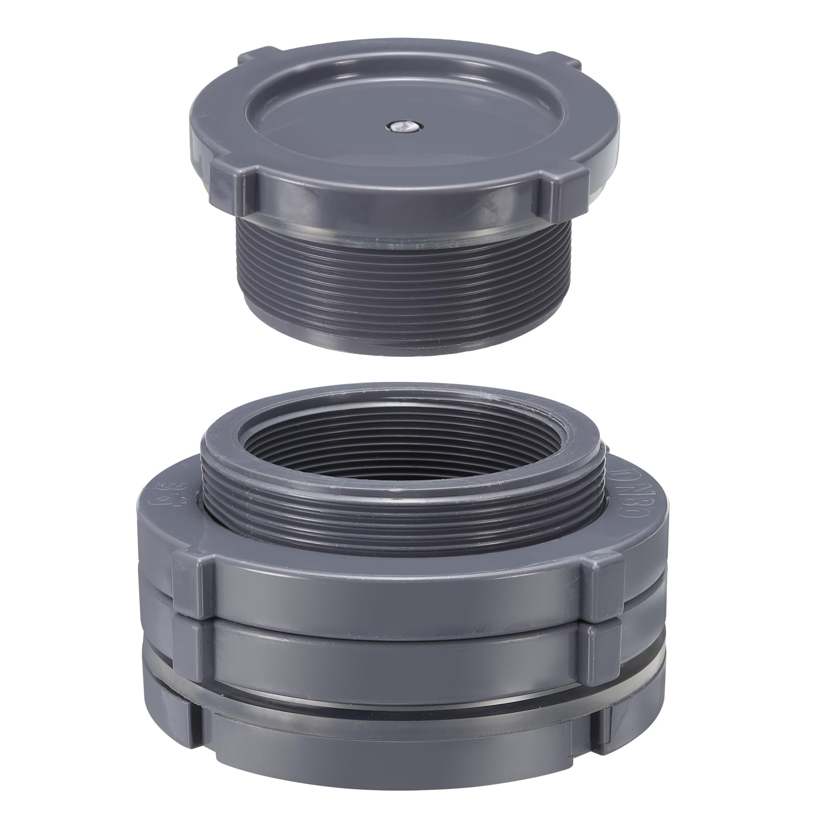 PATIKIL PVC Bulkhead Fitting with Plug NPT2.5, Bulkhead Water Tank Connector with Silicone Seal Gasket Garden Hose Fitting with Plug for Rain Bucket, Sinks, Aquariums, Gray