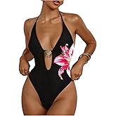 WDIRARA Women's One Piece Swimsuit Floral Deep V Neck Halter Monokini Sexy Cutout High Cut Bathing Suit