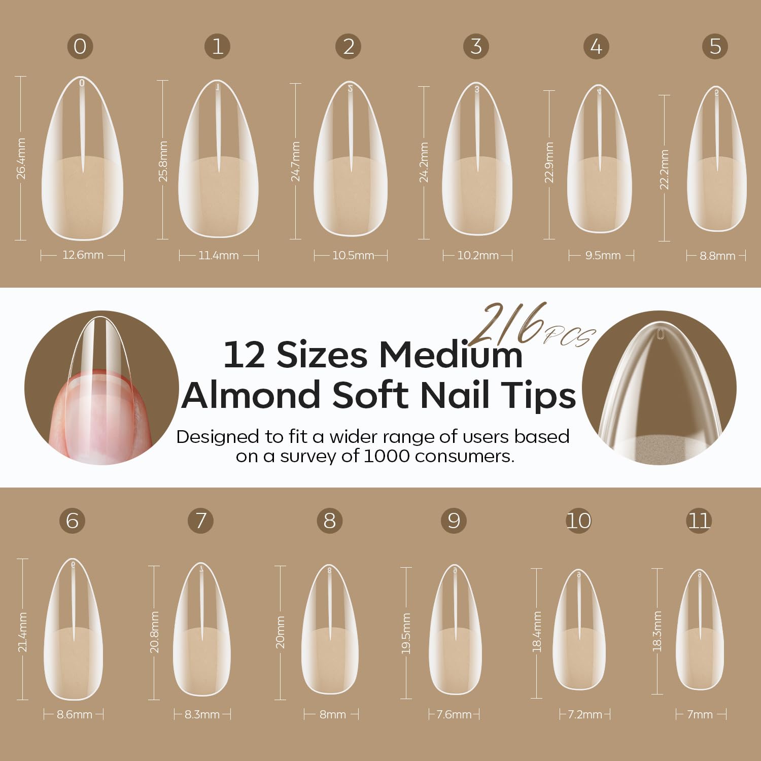 modelones Medium Almond Nail Tips, Pre-shaped Soft Gel Tips Fake Nails False Acrylic Clear Full Cover Press on Extension Kit Gel Manicure DIY at Home 216PCS 12Sizes - Image 7