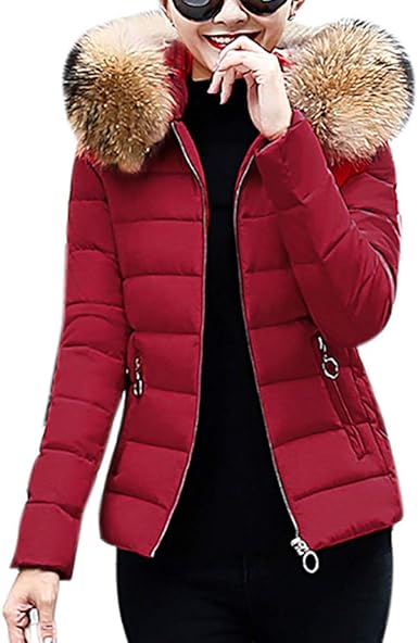 womens red padded jacket with fur hood